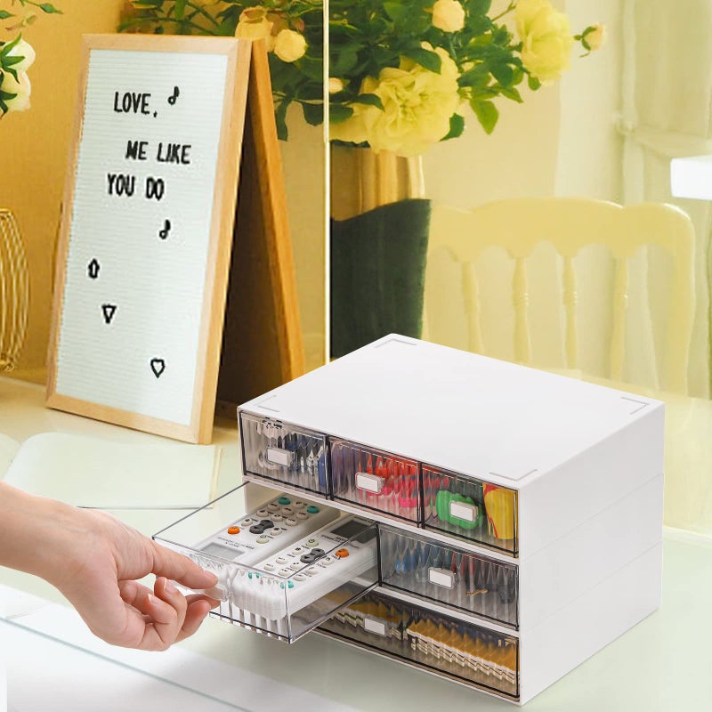 Hacaroa 3 Tier Mini Desk Organizer with 6 Drawers  Plastic Desktop Drawers Storage Box  Stackable Makeup Organizer Craft Storage Case for Office  School  Bathroom  Detachable Design  White - Image 5
